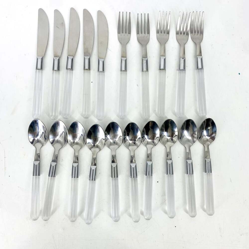 Vintage MCM Frosted Acrylic Handle Flatware Set 20 Pc Service for 5 Silverware